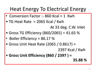 Heat Energy To Electrical Energy
• Conversion Factor :- 860 Kcal = 1 Kwh
• TG Heat Rate = 2065 Kcal / Kwh
At 33 deg. C.W. Inlet
• Gross TG Efficiency (860/2065) = 41.65 %
• Boiler Efficiency = 86.17 %
• Gross Unit Heat Rate (2065 / 0.8617) =
2397 Kcal / Kwh
• Gross Unit Efficiency (860 / 2397 ) =
35.88 %
26
 