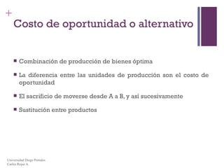Costo de oportunidad o alternativo Combinación de producción de bienes óptima La diferencia entre las unidades de producción son el costo de oportunidad El sacrificio de moverse desde A a B, y así sucesivamente Sustitución entre productos Universidad Diego Portales Carlos Rojas A. 