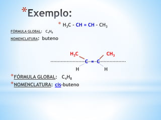 *
* H3C – CH = CH – CH3
FÓRMULA GLOBAL: C4H8
NOMENCLATURA: buteno
H3C CH3
C = C
H H
*FÓRMULA GLOBAL: C4H8
*NOMENCLATURA: cis-buteno
---------------------------------------------------
 