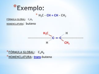 *
* H3C – CH = CH – CH3
FÓRMULA GLOBAL: C4H8
NOMENCLATURA: buteno
H3C H
C = C
H CH3
*FÓRMULA GLOBAL: C4H8
*NOMENCLATURA: trans-buteno
-------------------------------------------------------------
 