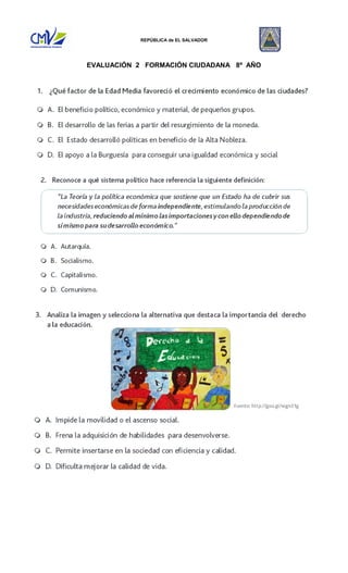 REPÚBLICA de EL SALVADOR 
EVALUACIÓN 2 FORMACIÓN CIUDADANA 8º AÑO 
 