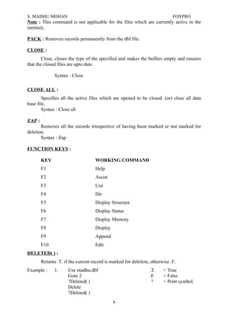 S. MADHU MOHAN FOXPRO
Note : This command is not applicable for the files which are currently active in the
memory.
PACK : Removes records permanently from the dbf file.
CLOSE :
Close, closes the type of the specified and makes the buffers empty and ensures
that the closed files are upto date.
Syntax : Close
CLOSE ALL :
Specifies all the active files which are opened to be closed. (or) close all data
base file.
Syntax : Close all
ZAP :
Removes all the records irrespective of having been marked or not marked for
deletion.
Syntax : Zap
FUNCTION KEYS :
KEY WORKING COMMAND
F1 Help
F2 Assist
F3 List
F4 Dir
F5 Display Structure
F6 Display Status
F7 Display Memory
F8 Display
F9 Append
F10 Edit
DELETED( ) :
Returns .T. if the current record is marked for deletion, otherwise .F.
Example : 1. Use madhu.dbf .T. = True
Goto 2 .F. = False
?Deleted( ) ? = Print symbol.
Delete
?Deleted( )
6
 