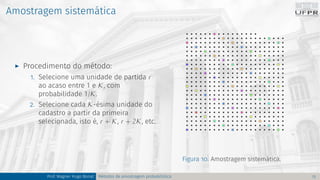 Amostragem sistemática
I Procedimento do método:
1. Selecione uma unidade de partida r
ao acaso entre 1 e K, com
probabilidade 1/K.
2. Selecione cada K-ésima unidade do
cadastro a partir da primeira
selecionada, isto é, r + K, r + 2K, etc.
Figura 10. Amostragem sistemática.
Prof. Wagner Hugo Bonat Métodos de amostragem probabilística 13
 