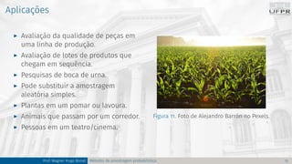 Aplicações
I Avaliação da qualidade de peças em
uma linha de produção.
I Avaliação de lotes de produtos que
chegam em sequência.
I Pesquisas de boca de urna.
I Pode substituir a amostragem
aleatória simples.
I Plantas em um pomar ou lavoura.
I Animais que passam por um corredor.
I Pessoas em um teatro/cinema.
Figura 11. Foto de Alejandro Barrón no Pexels.
Prof. Wagner Hugo Bonat Métodos de amostragem probabilística 15
 