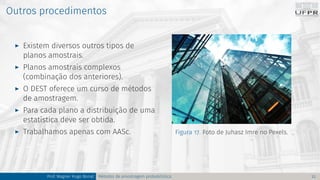 Outros procedimentos
I Existem diversos outros tipos de
planos amostrais.
I Planos amostrais complexos
(combinação dos anteriores).
I O DEST oferece um curso de métodos
de amostragem.
I Para cada plano a distribuição de uma
estatística deve ser obtida.
I Trabalhamos apenas com AASc. Figura 17. Foto de Juhasz Imre no Pexels.
Prof. Wagner Hugo Bonat Métodos de amostragem probabilística 22
 