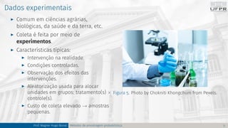 Dados experimentais
I Comum em ciências agrárias,
biológicas, da saúde e da terra, etc.
I Coleta é feita por meio de
experimentos.
I Características típicas:
I Intervenção na realidade.
I Condições controladas.
I Observação dos efeitos das
intervenções.
I Aleatorização usada para alocar
unidades em grupos: tratamento(s) ×
controle(s).
I Custo de coleta elevado → amostras
pequenas.
Figura 5. Photo by Chokniti Khongchum from Pexels.
Prof. Wagner Hugo Bonat Métodos de amostragem probabilística 5
 