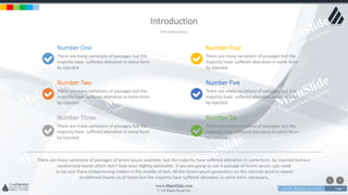 w w w . D o m a i n . c o m Page 7
www.MainSlide.com
© All Rights Reserved.
Confidential
Introduction
Introduction
Number One
There are many variations of passages but the
majority have suffered alteration in some form
by injected.
There are many variations of passages of lorem ipsum available, but the majority have suffered alteration in some form, by injected humour
randomized words which don't look even slightly believable. If you are going to use A passage of lorem ipsum, you need
to be sure there embarrassing hidden in the middle of text. All the lorem ipsum generators on the internet tend to repeat
predefined chunks as of lorem but the majority have suffered alteration in some form necessary.
Number Four
There are many variations of passages but the
majority have suffered alteration in some form
by injected.
Number Two
There are many variations of passages but the
majority have suffered alteration in some form
by injected.
Number Five
There are many variations of passages but the
majority have suffered alteration in some form
by injected.
Number Three
There are many variations of passages but the
majority have suffered alteration in some form
by injected.
Number Six
There are many variations of passages but the
majority have suffered alteration in some form
by injected.
 