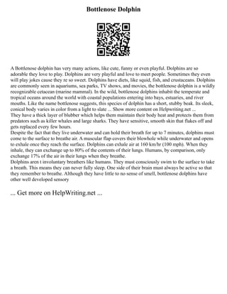 Bottlenose Dolphin
A Bottlenose dolphin has very many actions, like cute, funny or even playful. Dolphins are so
adorable they love to play. Dolphins are very playful and love to meet people. Sometimes they even
will play jokes cause they re so sweet. Dolphins have diets, like squid, fish, and crustaceans. Dolphins
are commonly seen in aquariums, sea parks, TV shows, and movies, the bottlenose dolphin is a wildly
recognizable cetacean (marine mammal). In the wild, bottlenose dolphins inhabit the temperate and
tropical oceans around the world with coastal populations entering into bays, estuaries, and river
mouths. Like the name bottlenose suggests, this species of dolphin has a short, stubby beak. Its sleek,
conical body varies in color from a light to slate ... Show more content on Helpwriting.net ...
They have a thick layer of blubber which helps them maintain their body heat and protects them from
predators such as killer whales and large sharks. They have sensitive, smooth skin that flakes off and
gets replaced every few hours.
Despite the fact that they live underwater and can hold their breath for up to 7 minutes, dolphins must
come to the surface to breathe air. A muscular flap covers their blowhole while underwater and opens
to exhale once they reach the surface. Dolphins can exhale air at 160 km/hr (100 mph). When they
inhale, they can exchange up to 80% of the contents of their lungs. Humans, by comparison, only
exchange 17% of the air in their lungs when they breathe.
Dolphins aren t involuntary breathers like humans. They must consciously swim to the surface to take
a breath. This means they can never fully sleep. One side of their brain must always be active so that
they remember to breathe. Although they have little to no sense of smell, bottlenose dolphins have
other well developed sensory
... Get more on HelpWriting.net ...
 