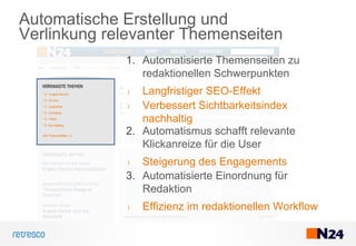 Automatische Erstellung und
Verlinkung relevanter Themenseiten
1. Automatisierte Themenseiten zu
redaktionellen Schwerpunkten
› Langfristiger SEO-Effekt
› Verbessert Sichtbarkeitsindex
nachhaltig
2. Automatismus schafft relevante
Klickanreize für die User
› Steigerung des Engagements
3. Automatisierte Einordnung für
Redaktion
› Effizienz im redaktionellen Workflow
 