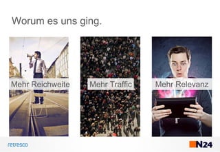 Worum es uns ging.
Mehr Reichweite Mehr Traffic Mehr Relevanz
 