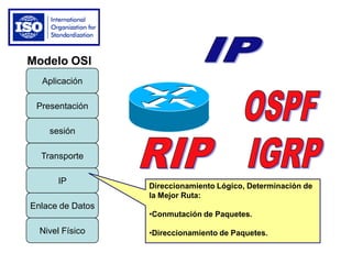 Enlace de Datos
IP
Transporte
sesión
Presentación
Aplicación
Nivel Físico
Modelo OSI
Direccionamiento Lógico, Determinación de
la Mejor Ruta:
•Conmutación de Paquetes.
•Direccionamiento de Paquetes.
 