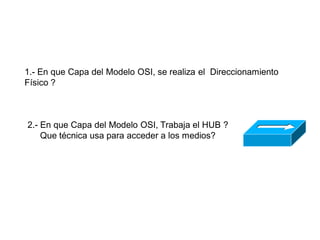 1.- En que Capa del Modelo OSI, se realiza el Direccionamiento
Físico ?
2.- En que Capa del Modelo OSI, Trabaja el HUB ?
Que técnica usa para acceder a los medios?
 