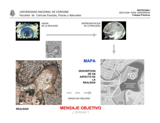 GEOTECNIA I
GEOLOGIA PARA INGENIEROS
Trabajos Prácticos
UNIVERSIDAD NACIONAL DE CORDOBA
Facultad de Ciencias Exactas, Físicas y Naturales
GRADO DE FIDELIDAD
DESCRIPCION
DE UN
ASPECTO DE
LA
REALIDAD
REPRESENTACION
DE LA REALIDAD
VISION
DE LA REALIDAD
REALIDAD
¿ VERDAD ?
MAPA
MENSAJE OBJETIVO
 