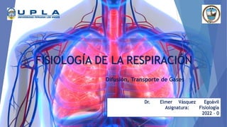 FISIOLOGÍA DE LA RESPIRACIÓN
Difusión, Transporte de Gases
Dr. Elmer Vásquez Egoávil
Asignatura: Fisiología
2022 – 0
 