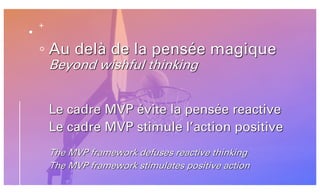 Au delà de la pensée magique
Beyond wishful thinking
Le cadre MVP évite la pensée reactive
Le cadre MVP stimule l’action p...
