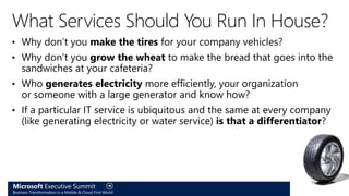 Microsoft Executive Summit
Business Transformation in a Mobile & Cloud First World
• Why don’t you make the tires for your company vehicles?
• Why don’t you grow the wheat to make the bread that goes into the
sandwiches at your cafeteria?
• Who generates electricity more efficiently, your organization
or someone with a large generator and know how?
• If a particular IT service is ubiquitous and the same at every company
(like generating electricity or water service) is that a differentiator?
What Services Should You Run In House?
 
