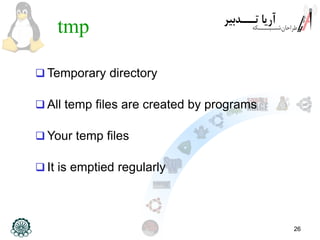26
tmp
 Temporary directory
 All temp files are created by programs
 Your temp files
 It is emptied regularly
 