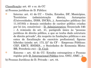 Classificação: art. 40 e ss. do CC
a) Pessoas jurídicas de D. Público:
 Interno: art. 41 do CC – União, Estados, DF, Municípios,
Territórios (administração direta), Autarquias
(Universidades, INSS, INCRA...), Associações públicas (lei
11.107/05) e demais entidades de caráter público criadas
por lei (ex. consórcios) – D. Administrativo; Enunciado 141
– A remissão do art. 41, parágrafo único às “pessoas
jurídicas de direito público, a que se tenha dado estrutura
de direito privado”, diz respeito às fundações públicas e aos
entes de fiscalização do exercício profissional; figuras
híbridas (ainda: art. 173, §1º da CF - Empresas Públicas:
CEF, EBCT, BNDES... e Sociedades de Economia Mista:
BB, Petrobrás etc) – D. Civil;
 Externo – art. 42 do CC: Estados estrangeiros e Pessoas
regidas pelo D. Internacional Público (exs. ONU, OMC...);
b) Pessoas Jurídicas de D. Privado – art. 44.
 