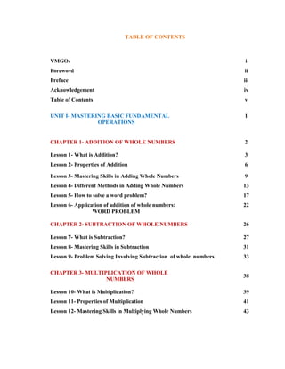 TABLE OF CONTENTS<br />VMGOs                                                                                            iForeword iiPrefaceiii AcknowledgementivTable of ContentsvUNIT I- MASTERING BASIC FUNDAMENTAL                                          OPERATIONS1CHAPTER 1- ADDITION OF WHOLE NUMBERS2Lesson 1- What is Addition?3Lesson 2- Properties of Addition6Lesson 3- Mastering Skills in Adding Whole Numbers9Lesson 4- Different Methods in Adding Whole Numbers13Lesson 5- How to solve a word problem?17Lesson 6- Application of addition of whole numbers:                                             WORD PROBLEM22CHAPTER 2- SUBTRACTION OF WHOLE NUMBERS26Lesson 7- What is Subtraction?27Lesson 8- Mastering Skills in Subtraction31Lesson 9- Problem Solving Involving Subtraction  of whole  numbers33CHAPTER 3- MULTIPLICATION OF WHOLE                                         NUMBERS38Lesson 10- What is Multiplication?39Lesson 11- Properties of Multiplication41Lesson 12- Mastering Skills in Multiplying Whole Numbers43Lesson 13- “The 99 Multiplier”   Shortcut in multiplying whole numbers47Lesson 14- “Power of Ten Multiplication”                                       Shortcut In Multiplying Whole Numbers49Lesson 15- Problem solving involving Multiplication of                                    Whole Numbers 51CHAPTER 4- DIVISION OF WHOLE NUMBERS57Lesson 16- What is Division?58Lesson 17- Mastering Skills in Division of Whole Numbers64Lesson 18- “Cancellation of Insignificant Zeros”                     Easy ways in Dividing Whole Numbers69Lesson 19- Problem Solving Involving Division of Whole                                          Numbers73UNIT II- INTEGERS77CHAPTER 5- WORKING WITH INTEGERS78Lesson 20- What is Integer?79Lesson 21- Addition of Integers83Lesson 22- Subtraction of Integers86Lesson 23- Multiplication of Integer88Lesson 24- Division of Integers92Lesson 25- Punctuation and Precedence of Operation95MATH AND TECHNOLOGY102REFERENCES   <br />