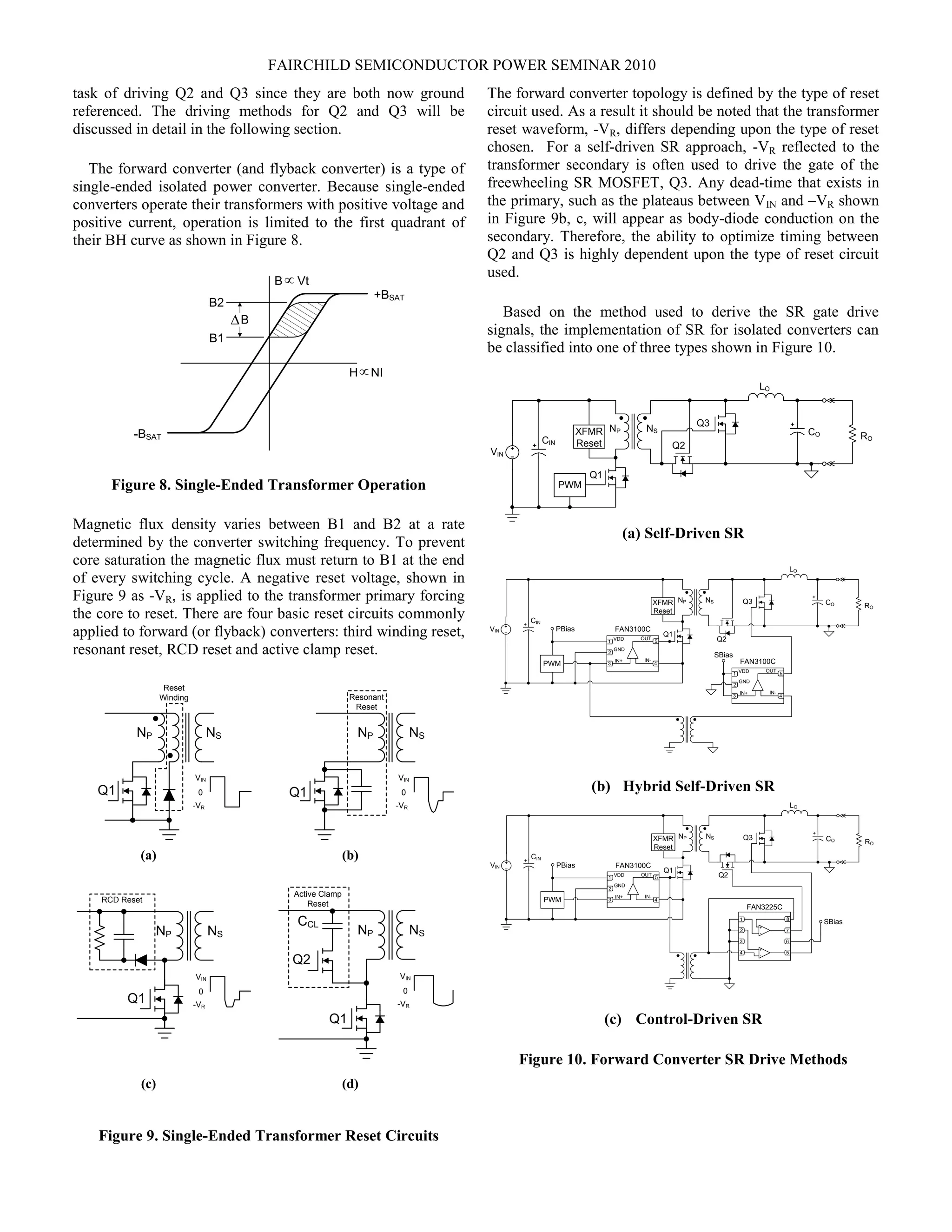 FAIRCHILD SEMICONDUCTOR POWER SEMINAR 2010
task of driving Q2 and Q3 since they are both now ground
referenced. The driving methods for Q2 and Q3 will be
discussed in detail in the following section.
The forward converter (and flyback converter) is a type of
single-ended isolated power converter. Because single-ended
converters operate their transformers with positive voltage and
positive current, operation is limited to the first quadrant of
their BH curve as shown in Figure 8.
B Vt
H NI
DB
B1
B2
+BSAT
-BSAT
Figure 8. Single-Ended Transformer Operation
Magnetic flux density varies between B1 and B2 at a rate
determined by the converter switching frequency. To prevent
core saturation the magnetic flux must return to B1 at the end
of every switching cycle. A negative reset voltage, shown in
Figure 9 as -VR, is applied to the transformer primary forcing
the core to reset. There are four basic reset circuits commonly
applied to forward (or flyback) converters: third winding reset,
resonant reset, RCD reset and active clamp reset.
NP NS
Q1
RCD Reset
NP NS
Q1
Resonant
Reset
Q2
CCL
NP NS
Q1
Active Clamp
Reset
NP NS
Q1
Reset
Winding
(a) (b)
(c) (d)
0
VIN
-VR
0
VIN
-VR
0
VIN
-VR
0
VIN
-VR
Figure 9. Single-Ended Transformer Reset Circuits
The forward converter topology is defined by the type of reset
circuit used. As a result it should be noted that the transformer
reset waveform, -VR, differs depending upon the type of reset
chosen. For a self-driven SR approach, -VR reflected to the
transformer secondary is often used to drive the gate of the
freewheeling SR MOSFET, Q3. Any dead-time that exists in
the primary, such as the plateaus between VIN and –VR shown
in Figure 9b, c, will appear as body-diode conduction on the
secondary. Therefore, the ability to optimize timing between
Q2 and Q3 is highly dependent upon the type of reset circuit
used.
Based on the method used to derive the SR gate drive
signals, the implementation of SR for isolated converters can
be classified into one of three types shown in Figure 10.
Q2
LO
CO
NP NS
CIN
Q1
RO
VIN
XFMR
Reset
PWM
Q3
(a) Self-Driven SR
Q2
LO
CO
NP NS
CIN
Q1
RO
VIN
XFMR
Reset
Q3
1
2
3 4
5VDD
GND
IN-IN+
FAN3100C
OUT
SBias
PWM
1
2
3 4
5VDD
GND
IN-IN+
FAN3100C
OUT
PBias
(b) Hybrid Self-Driven SR
Q2
LO
CO
NP NS
CIN
Q1
RO
VIN
XFMR
Reset
Q3
SBias
PWM
1
2
3 4
5VDD
GND
IN-IN+
FAN3100C
OUT
PBias
1
2
3 6
8
FAN3225C
7
4 5
+
-
+
-
(c) Control-Driven SR
Figure 10. Forward Converter SR Drive Methods
 