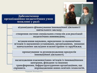 Забезпечення
організаційно-педагогічних умов
можливе у разі:
відповідного фінансування інноваційної діяльності
навчального закладу;

створення системи спеціальних стимулів для реалізації
педагогічних нововведень;
встановлення наукових, юридичних та економічних
зв’язків із науковими установами, організаціями, вищими
навчальними закладами власної країни та зарубіжжя;
пропагування та розповсюдження продуктів
інноваційної діяльності;
налагодження взаємовигідних зв’язків із інноваційними
центрами, фондами та іншими
трансферними, інфраструктурними організаціями, що
сприяють
впровадженню нових освітніх технологій.
Упорядник: Волочаєва Л.А.

 