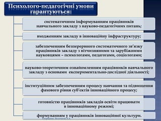 Психолого-педагогічні умови
гарантуються:
систематичним інформуванням працівників
навчального закладу з науково-педагогічних питань;
входженням закладу в інноваційну інфраструктуру;
забезпеченням безперервного систематичного зв’язку
працівників закладу з вітчизняними та зарубіжними
науковцями – психологами, педагогами, соціологами;
науково-теоретичним ознайомленням працівників навчального
закладу з основами експериментально-дослідної діяльності;
інституційним забезпеченням процесу навчання та підвищення
фахового рівня суб’єктів інноваційного процесу;

готовністю працівників закладів освіти працювати
в інноваційному режимі;
формуванням у працівників інноваційної культури.
Упорядник: Волочаєва Л.А.

 
