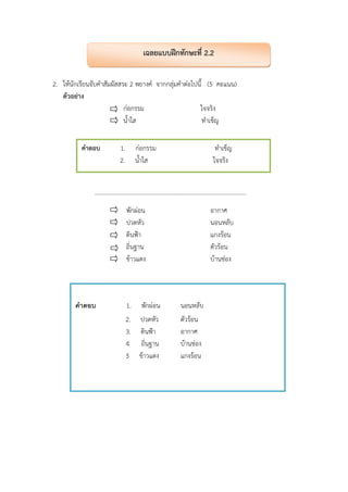 2. ให้นักเรียนจับคําสัมผัสสระ 2 พยางค์ จากกลุ่มคําต่อไปนี้ (5 คะแนน)
ตัวอย่าง
ก่อกรรม ใจจริง
น้ําใส ทําเข็ญ
....................................................................................................
พักผ่อน อากาศ
ปวดหัว นอนหลับ
ดินฟ้า แกงร้อน
ถิ่นฐาน ตัวร้อน
ข้าวแดง บ้านช่อง
เฉลยแบบฝึกทักษะที่ 2.2
คําตอบ 1. ก่อกรรม ทําเข็ญ
2. น้ําใส ใจจริง
คําตอบ 1. พักผ่อน นอนหลับ
2. ปวดหัว ตัวร้อน
3. ดินฟ้า อากาศ
4 ถิ่นฐาน บ้านช่อง
5 ข้าวแดง แกงร้อน
 