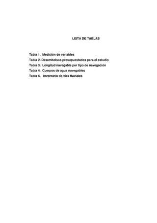 LISTA DE TABLAS
Tabla 1. Medición de variables
Tabla 2. Desembolsos presupuestados para el estudio
Tabla 3. Longitud navegable por tipo de navegación
Tabla 4. Cuerpos de agua navegables
Tabla 5. Inventario de vías fluviales
 