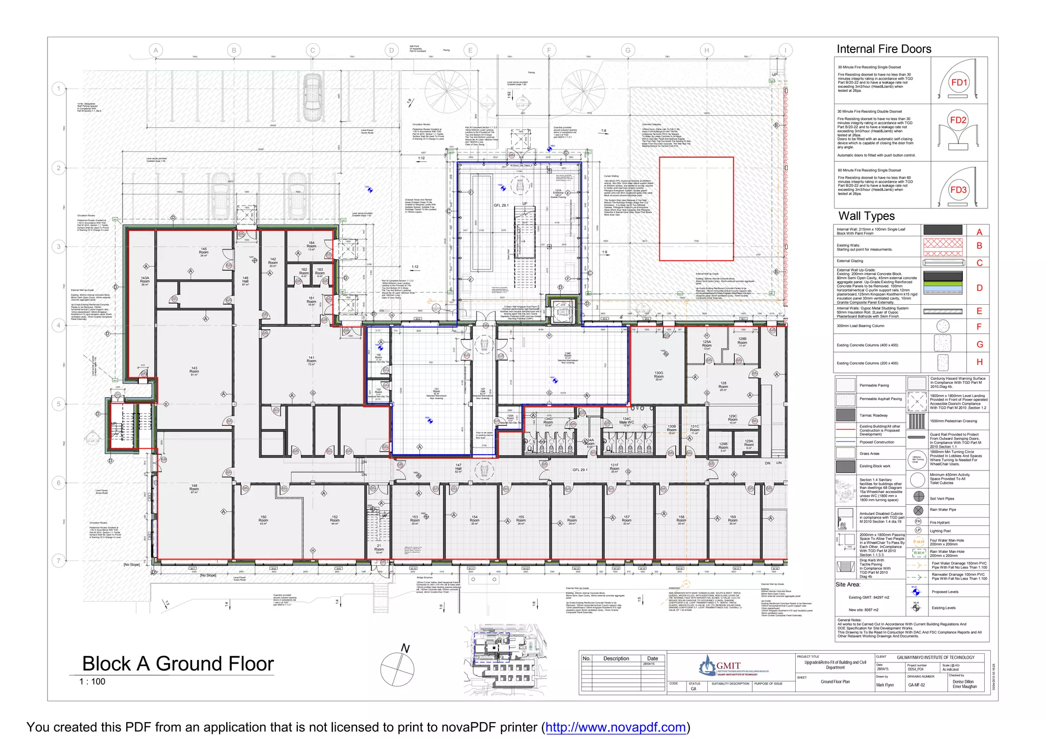 DN
DN
DNDN
UP
UP
UP
UP
A B C D E G H I
1
2
3
4
5
6
7
F
1:52
1:12
1:12
1:8
1:9
1:8
D-3
FD-3
D-12
FD-1
D-8
FD-1
D-15
FD-1
D-21
FD-1
D-23
FD-1
D-25
FD-1
D-28
FD-1
D-17
FD-1
D-18
FD-1
D-19
FD-1
D-22
FD-1
D-24
FD-1
D-26
FD-1
D-39
FD-1
D-41
FD-2
D-85
FD-1
D-86
FD-1
D-137
FD-1
D-87
FD-1
D-88
FD-1
D-90
FD-1
D-92
FD-2
D-151
FD-2
D-152
FD-2
1
GA-MF-08
1
GA-MF-12
CC
GA-MF-09
DD
GA-MF-09
2
GA-MF-08
19308
125942542
288724521912189120041448
11720
15123
5766
12374
7421
2198
2183
2260
12542
7501
12304
2170
23014907
2170
2308
2330
2530
900
8161
1010
18451980
4775
ø 450
741875007501750175017543
7443 7501 7501 7501 7501 7501 7501 7501
36 m²
Room
143A
34 m²
Room
145
87 m²
Hall
146
20 m²
Room
142
13 m²
Room
184
4 m²
Room
183
4 m²
Room
182
16 m²
Room
181
81 m²
Room
143
72 m²
Room
141
87 m²
Room
148
43 m²
Room
150
44 m²
Room
152
16 m²
Room
21
35 m²
Room
153
35 m²
Room
154
34 m²
Room
155
34 m²
Room
156
33 m²
Room
157
35 m²
Room
158
35 m²
Room
159
5 m²
Room
129A
5 m²
Room
129B
10 m²
Room
129C
11 m²
Room
131C
10 m²
Room
130B12 m²
Male WC
134C
8 m²
Room
134A
12 m²
Room
134D
39 m²
Room
130G
25 m²
Room
128
13 m²
Room
125A
11 m²
Room
128B
62 m²
Hall
147
35 m²
Room
131F
92 m²
Room
131
Selected Marmoleum
floor covering
62 m²
Hall
147
Selected Marmoleum
floor covering
11 m²
Room
132
Selected Non-Slip Tile
5 m²
Room
133
Selected Non-Slip Tile
146 m²
Entrance
131A
Granite Flooring
5 m²
Room
135A
Selected Non-Slip Tile
91 m²
Room
134E
Selected Marmoleum
floor covering
D-31
FD-1
D-33
FD-1
D-36
FD-1
D-34
FD-1
D-37
FD-1
D-44
FD-2
D-46
FD-2
D-8
FD-2
D-78
FD-1
D-48
FD-1
D-49
FD-1
D-51
FD-1
D-81
FD-1
D-82
FD-1
D-83
FD-1
D-84
FD-1
D-89
FD-1
D-91
FD-1
D-21
FD-1
D-145
FD-1
D-53
FD-1
D-55
FD-2
D-57
FD-2
D-59
FD-2
D-153
FD-1
D-155
FD-1
D-62
FD-2
D-177
FD-2
D-178
FD-2
D-26
FD-3
1800
1800
1800
1800
1800
1800
1800
1800
D
AA
A
A A
A
A
D
D
D
D
A
A
D
D
C
C
C
A
D
D
D
A
A
A
A
A
A A
A
A
A
A
A
A
A
A
A
A
A
A
20622
10852 1940 7829
1401194033461940538
9166
2177 3725 3600 1717
1930
1930
1930
910
1325
12406
11344
2079
2015 4134
1047 2100
9300
4519
1320 2814
4035
2813
7221666
8531
2452 2222 2678 2439 1895
283824521964189620002000
8690
FCFT-CircularFilledSections-Column
BasicWall
StairHarringtonPrecastConcrete
AmbulantAccessibleStairs
76 Doors_Dbl_Glass_4
ABasicWallConcreteBlock
D Basic Wall Kingspan KoolTherm
Premium performance rigid thermoset
modified resin insulant manufactured with a
blowing agent that has zero Ozone
Depletion Potential (ODP) and low Global
Warming Potential (GWP).
D-98
FD-2
2127
2127
774 3600 3126
8186 3600 588 702 1800 601 1200 907 1800 509
4781
26387
4600 2812 7039
B
B
772360058036003051810
2084
910 6350 2594 3600 2420 3600 1800 407 3600 1915 3600 1640 3600 1380 3600 820 1800 810 1800 830 3600 1540 3600 1119 18001398
309 3600 1468 1800 601 1200 5599 1800 1290 1010 631
4924
4991 7679 14633
1205
1205
4267
1051
1051
4850
24000
Floor to be raised
to existing internal
floor level
1900
1800
1432
1431
1900
1856
1900
1900
1900
1900
1432
F
FF
F
GG
G
G
H H
H
H
H
481041091197
11824129
W-1W-2W-3W-4
W-5W-6
W-7 W-8 W-9 W-10 W-11 W-12 W-13 W-14 W-15 W-16 W-17 W-18
FMH
FMH
RMH
FMH FMH
RMH RMH
RMH RMH RMH
RMH
RMH
RMHRMH
RMH
1:4
1:6
1:4
1:3
[No Slope]
[No Slope]
1:6
1:5
GFL 29.1
GFL 29.1
Existing Walls:
Starting out point for measurments.
External Wall Up-Grade:
Existing: 200mm internal Concrete Block.
80mm Semi Open Cavity, 45mm external concrete
aggregate panel. Up-Grade:Existing Reinforced
Concrete Panels to be Removed. 100mm
horizontal/vertical C-purlin support rails.12mm
plasterboard,125mm Kingspan Kooltherm k15 rigid
insulation panel 30mm ventilated cavity, 10mm
Granite Composite Panel Externally.
Internal Walls: Gypoc Metal Studding System
50mm Insulation Roll, 2Layer of Gypoc
Plasterboard Bothside with Skim Finish
Wall Types
Internal Wall: 215mm x 100mm Single Leaf
Block With Paint Finish
300mm Load Bearing Column
A
B
C
D
E
F
External Glazing
Exsting Concrete Columns (200 x 400)
Exsting Concrete Columns (400 x 400) G
H
1800mm Min Turning Circle
Provided In Lobbies And Spaces
Where Turning Is Needed For
WheelChair Users.
1800mm
Min Turning
Circle
Minimum 450mm Activity
Space Provided To All
Toilet Cubicles
Permeable Paving
Drop Kerb With
Tactile Paving
In Compliance With
TGD Part M 2010
Diag 4b
Existing Building(All other
Construction is Proposed
Development)
General Notes:
All works to be Carried Out In Accordance With Current Building Regulations And
DOE Specification for Site Development Works.
This Drawing Is To Be Read In Conjuction With DAC And FSC Compliance Reports and All
Other Relavant Working Drawings And Documents.
Prposed Construction
Grass Areas
Existing Block work
Permeable Asphalt Paving
2000
1800
2000mm x 1800mm Passing
Space To Allow Two People
In a WheelChair To Pass By
Each Other, InCompliance
With TGD Part M 2010
Section 1.1.3.3
Fire Hydrant
Lighting Post
Tarmac Roadway
Corduroy Hazard Warning Surface
In Compliance With TGD Part M
2010,Diag 4b.
1800mm x 1800mm Level Landing
Provided in Front of Power-operated
Accessible DoorsIn Compliance
With TGD Part M 2010 ,Section 1.2
1500mm Pedestrian Crossing
Guard Rail Provided to Protect
From Outward Swinging Doors,
In Compliance With TGD Part M
2010 Section 1.1
Soil Vent Pipes
Rain Water Pipe
Foul Water Man-Hole
200mm x 200mm
Rain Water Man-Hole
200mm x 200mm
Fowl Water Drainage 150mm PVC
Pipe With Fall No Less Than 1.100
Rainwater Drainage 100mm PVC
Pipe With Fall No Less Than 1.100
Proposed Levels
98.40
Existing Levels
98.40
Site Area:
Section 1.4 Sanitary
facilities for buildings other
than dwellings 68 Diagram
15a Wheelchair accessible
unisex WC (1800 mm x
1800 mm turning space)
Ambulant Disabled Cubicle
in compliance with TGD part
M 2010 Section 1.4 dia.19 FH
LP
F.M.H
R.M.H
New site: 8087 m2
Existing GMIT: 84297 m2
Internal Fire Doors
30 Minute Fire Resisting Single Doorset
Fire Resisting doorset to have no less than 30
minutes integrity rating in accordance with TGD
Part B/20-22 and to have a leakage rate not
exceeding 3m3/hour (Head&Jamb) when
tested at 26pa.
30 Minute Fire Resisting Double Doorset
Fire Resisting doorset to have no less than 30
minutes integrity rating in accordance with TGD
Part B/20-22 and to have a leakage rate not
exceeding 3m3/hour (Head&Jamb) when
tested at 26pa.
Doors to be fitted with an automatic self-closing
device which is capable of closing the door from
any angle.
Automatic doors to fitted with push button control.
FD1
FD2
60 Minute Fire Resisting Single Doorset
Fire Resisting doorset to have no less than 60
minutes integrity rating in accordance with TGD
Part B/20-22 and to have a leakage rate not
exceeding 3m3/hour (Head&Jamb) when
tested at 26pa.
FD3
N
Scale (@ A3)
Checked byDrawn by
Date Project number
DRWAING NUMBER
CLIENTPROJECT TITLE
SHEET
STATUS PURPOSE OF ISSUECODE SUITABILITY DESCRIPTION
30/04/201503:16:26
As indicatedDDS4_PO4
GALWAY/MAYO INSTITUTE OF TECHNOLOGY
28/04/15
Mark Flynn
Denise Dillon
Emer MaughanGA-MF-02
Ground Floor Plan
Upgrade&Retro-Fit of Building and Civil
Department
GA
28/04/15
No. Description Date
1 : 100
Block A Ground Floor
Push Pad for accessible
power-operated doors. In
compliance with TGD Part
M2010 Section 1.2.4.3
1800mm Min Turning Circle
Provided In Lobbies And
Spaces Where Turning Is
Needed For WheelChair
Users.
Push Pad for accessible
power-operated doors. In
compliance with TGD Part
M2010 Section 1.2.4.3
Levelaccesprovided
Gradientslope1:50
External Wall Up-Grade:
Existing: 200mm internal Concrete Block.
80mm Semi Open Cavity, 45mm external
concrete aggregate panel
Up-Grade:Existing Reinforced Concrete
Panels to be Removed. 100mm
horizontal/vertical C-purlin support rails.
12mm plasterboard,125mm Kingspan
Kooltherm k15 rigid insulation panel 30mm
ventilated cavity, 10mm Granite Composite
Panel Externally.
Level acces provided
Gradient slope 1:50
Level Paved
Acces Route
Grassed Areas And Planted
Areas:Grassed Areas To Be
Graded to Required Levels.With
Suitable Subsoil. Suitable Free
Drainage Topsoil To Be Levelled
In 150mm Layers.
Paving
Paving
14 No. Designated
Staff Parking Spaced
In Compliance With
Part M Section 1.1, Dia 8
Level Paved
Acces Route
Saft Point
Of Assembly
Part B Compliant
Part M Compliant,Section 1.1.3.3
1800x1800mm Level Landing.
Landing to Be Provided at The
Top And Bottom Of A Slope.
The Top And Bottom Landings
Should Be At Least 1800mm Wide
and 1800mm Long.
Clear of Door Swing.
Circulation Routes:
Pedestrian Routes Gradient at
1:50 In Accordance With TGD
Part M 2010, Section 1.1 Tactile
Surface Shall Be Used To Provid
A Warning Of A Change In Level.
Guarding provided
around outward opening
doors in compliance dia
1 and 2 of TGD
part M2010 1.1.3.1
Bridge Structure
120mm Circlar hollow steel hexagonal frame
Connected by 340 x 315 mm UB at base plate
150mm profiled steel decking spaning between
UB ,150mm Concrete slab,100mm concrete
screed. 40mm Granite floor Finish
Guarding provided
around outward opening
doors in compliance dia
1 and 2 of TGD
part M2010 1.1.3.1
Circulation Routes:
Pedestrian Routes Gradient at
1:50 In Accordance With TGD
Part M 2010, Section 1.1 Tactile
Surface Shall Be Used To Provid
A Warning Of A Change In Level.
Circulation Routes:
Pedestrian Routes Gradient at
1:50 In Accordance With TGD
Part M 2010, Section 1.1 Tactile
Surface Shall Be Used To Provid
A Warning Of A Change In Level.
Part M Compliant,Section 1.1.3.3
1800x1800mm Level Landing.
Landing to Be Provided at The
Top And Bottom Of A Slope.
The Top And Bottom Landings
Should Be At Least 1800mm Wide
and 1800mm Long.
Clear of Door Swing.
External Wall Up-Grade:
Existing: 200mm internal Concrete Block.
80mm Semi Open Cavity, 45mm external concrete aggregate
panel
Up-Grade:Existing Reinforced Concrete Panels to be
Removed. 100mm horizontal/vertical C-purlin support rails.
12mm plasterboard,125mm Kingspan Kooltherm k15 rigid
insulation panel 30mm ventilated cavity, 10mm Granite
Composite Panel Externally.
Level acces provided
Gradient slope 1:50
Level acces provided
Gradient slope 1:50
Level Paved
Acces Route
Concrete Footpaths:
100mm Conc. Paths Laid To Fall (1.36)
Away From Buildings On Min 150mm
Limestone Hardcore Fill Or As Nessary
To Make Up Levels.Concrete In 3m Bays
With A Starroller Finish And Bullnose Edging
The Foot Path That Surrounds The Building Is Also
Made From Eco-Cem Concrete. This Will Hepl The
Building Reduce Its Carbon Foot Print
External Wall Up-Grade:
Existing:
200mm internal Concrete Block.
80mm Semi Open Cavity
45mm external concrete aggregate panel
Up-Grade:
Existing Reinforced Concrete Panels to be Removed.
100mm horizontal/vertical C-purlin support rails.
12mm plasterboard
125mm Kingspan Kooltherm k15 rigid insulation panel
30mm ventilated cavity
10mm Granite Composite Panel Externally.
WINDOWS:
AMS WINDOWS WITH SAINT GOBAIN GLASS. SOUTH & WEST: TRIPLE
GLAZED, ARGON FILLED, WITH ADDITIONAL NON GLASS LAYER ON
THE INTERNAL FACE WITH INTERSTITIAL BLINDS. G-VALUE: 0.33 (TO
REDUCE SOLAR GAIN DUE TO OCCUPANCY LOADS). SHADING
COEFFICIENT 0.38. LIGHT TRANSMITTANCE 0.71. NORTH: TRIPLE
GLAZED, ARGON FILLED. G-VALUE: 0.61 (TO INCREASE SOLAR GAIN).
SHADING COEFFICIENT 0.7. LIGHT TRANSMITTANCE 0.62. OVERALL U-
VALUE OF 1.03 W/M2K
External Wall Up-Grade:
Existing: 200mm internal Concrete Block.
80mm Semi Open Cavity, 45mm external concrete aggregate
panel
Up-Grade:Existing Reinforced Concrete Panels to be
Removed. 100mm horizontal/vertical C-purlin support rails.
12mm plasterboard,125mm Kingspan Kooltherm k15 rigid
insulation panel 30mm ventilated cavity, 10mm Granite
Composite Panel Externally.
Curtain Walling
156x 60mm PPC Aluminium Mullions at 2900mm
centres. 90x 230x 12mm steel lateral support plates
at 3000mm centers, site welded to circular columns
to tranfer wind load back to steel columns.
Pilkington Energikare System. Double glazed
sealed units with 8mm toughened glass inner pane.
Black structural silicone horizontal joints.
This System Was Used Because It Can Help
Reduce The Buildings Energy Usage And Co2
Emmission . It Is Made Up Of Two Different
Glasses. Pilkingtonk-Glass A Low Emmissions
Glass Which Stop Heat Escaping And Pilkington
Optiwhite A Special Extra Clear Glass That Allows
More Solar Gain.
You created this PDF from an application that is not licensed to print to novaPDF printer (http://www.novapdf.com)
 