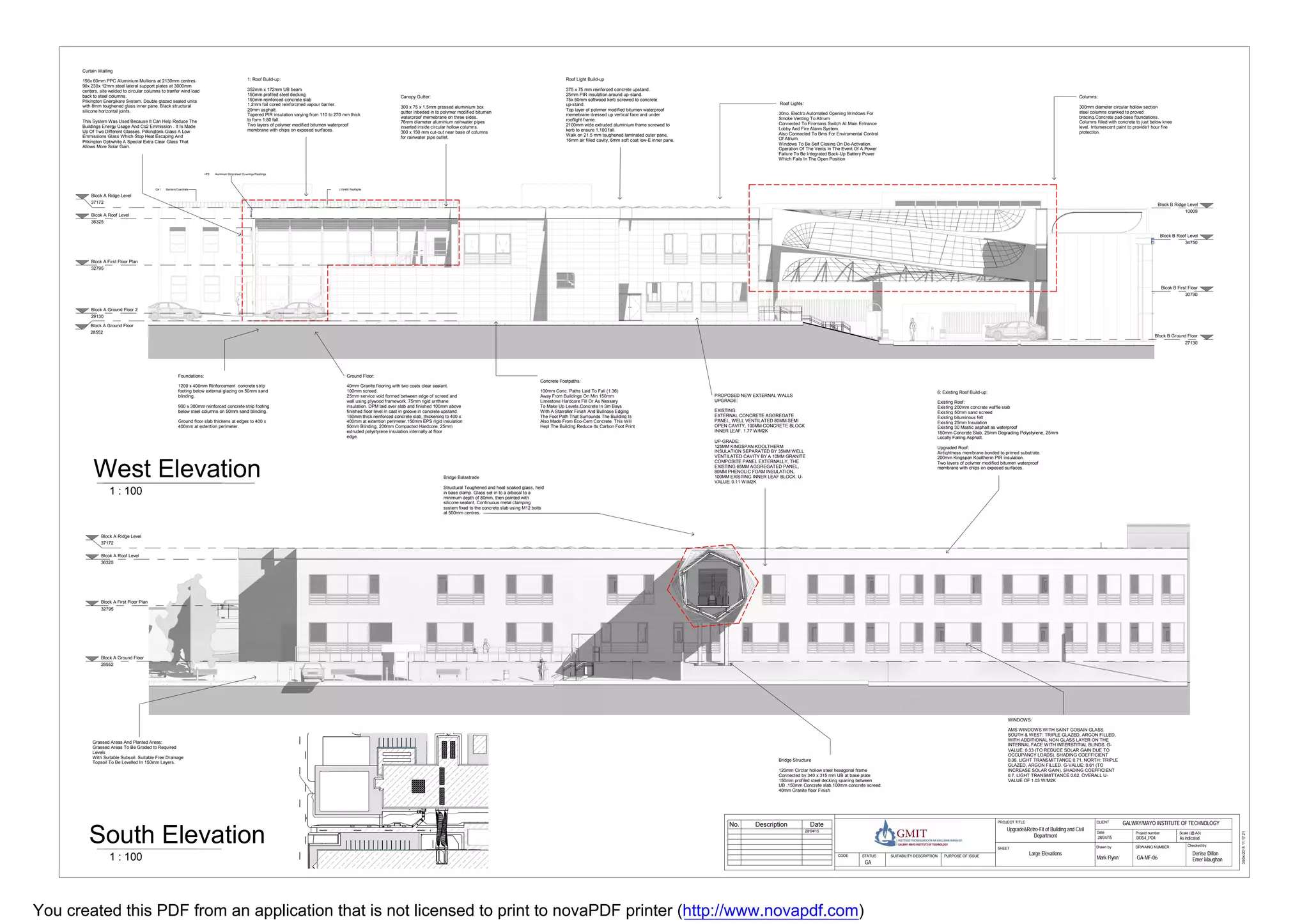 DNDNDNDNDNDNDNDNDN
Block A First Floor Plan
32795
Blcok A Roof Level
36325
Block A Ground Floor
28552
Block A Ridge Level
37172
Block A Ground Floor 2
29130
Block A First Floor Plan
32795
Blcok A Roof Level
36325
Block A Ground Floor
28552
Blcok B First Floor
30790
Block B Ground Floor
27130
Block B Roof Level
34750
Block A Ridge Level
37172 Block B Ridge Level
10009
Q41 Barriers/Guardrails L10/460 Rooflights
H72 Aluminium Strip/sheet Coverings/Flashings
Scale (@ A3)
Checked byDrawn by
Date Project number
DRWAING NUMBER
CLIENTPROJECT TITLE
SHEET
STATUS PURPOSE OF ISSUECODE SUITABILITY DESCRIPTION
30/04/201511:17:21
As indicatedDDS4_PO4
GALWAY/MAYO INSTITUTE OF TECHNOLOGY
28/04/15
Mark Flynn
Denise Dillon
Emer MaughanGA-MF-06
Large Elevations
Upgrade&Retro-Fit of Building and Civil
Department
GA
28/04/15
No. Description Date
1 : 100
South Elevation
1 : 100
West Elevation
UP-GRADE:
125MM KINGSPAN KOOLTHERM
INSULATION SEPARATED BY 35MM WELL
VENTILATED CAVITY BY A 10MM GRANITE
COMPOSITE PANEL EXTERNALLY, THE
EXISTING 65MM AGGREGATED PANEL,
80MM PHENOLIC FOAM INSULATION,
100MM EXISTING INNER LEAF BLOCK. U-
VALUE: 0.11 W/M2K
PROPOSED NEW EXTERNAL WALLS
UPGRADE:
EXISTING:
EXTERNAL CONCRETE AGGREGATE
PANEL, WELL VENTILATED 80MM SEMI
OPEN CAVITY, 100MM CONCRETE BLOCK
INNER LEAF. 1.77 W/M2K
Foundations:
1200 x 400mm Rinforcement concrete strip
footing below external glazing on 50mm sand
blinding.
900 x 300mm reinforced concrete strip footing
below steel columns on 50mm sand blinding.
Ground floor slab thickens at edges to 400 x
400mm at extention perimeter.
Ground Floor:
40mm Granite flooring with two coats clear sealant.
100mm screed.
25mm service void formed between edge of screed and
wall using plywood framework. 75mm rigid urrthane
insulation. DPM laid over slab and finished 100mm above
finished floor level in cast in groove in concrete upstand.
150mm thick reinforced concrete slab, thickening to 400 x
400mm at extention perimeter.150mm EPS rigid insulation
50mm Blinding, 200mm Compacted Hardcore, 25mm
extruded polystyrene insulation internally at floor
edge.
Roof Light Build-up
375 x 75 mm reinforced concrete upstand.
25mm PIR insulation around up-stand.
75x 50mm softwood kerb screwed to concrete
up-stand.
Top layer of polymer modified bitumen waterproof
memebrane dressed up vertical face and under
rooflight frame.
2100mm wide extruded aluminium frame screwed to
kerb to ensure 1.100 fall.
Walk on 21.5 mm toughened laminated outer pane,
16mm air filled cavity, 6mm soft coat low-E inner pane.
Canopy Gutter:
300 x 75 x 1.5mm pressed aluminium box
gutter inbeded in to polymer modified bitumen
waterproof memebrane on three sides.
76mm diameter aluminium rainwater pipes
inserted inside circular hollow columns.
300 x 150 mm cut-out near base of columns
for rainwater pipe outlet.
Roof Lights:
30no. Electro Automated Opening Windows For
Smoke Venting To Atrium
Connected To Firemans Switch At Main Entrance
Lobby And Fire Alarm System.
Also Connected To Bms For Enviromental Control
Of Atrium.
Windows To Be Self Closing On De-Activation.
Operation Of The Vents In The Event Of A Power
Failure To Be Integrated Back-Up Battery Power
Which Fails In The Open Position
Concrete Footpaths:
100mm Conc. Paths Laid To Fall (1.36)
Away From Buildings On Min 150mm
Limestone Hardcore Fill Or As Nessary
To Make Up Levels.Concrete In 3m Bays
With A Starroller Finish And Bullnose Edging
The Foot Path That Surrounds The Building Is
Also Made From Eco-Cem Concrete. This Will
Hepl The Building Reduce Its Carbon Foot Print
Curtain Walling
156x 60mm PPC Aluminium Mullions at 2130mm centres.
90x 230x 12mm steel lateral support plates at 3000mm
centers, site welded to circular columns to tranfer wind load
back to steel columns.
Pilkington Energikare System. Double glazed sealed units
with 8mm toughened glass inner pane. Black structural
silicone horizontal joints.
This System Was Used Because It Can Help Reduce The
Buildings Energy Usage And Co2 Emmission . It Is Made
Up Of Two Different Glasses. Pilkingtonk-Glass A Low
Emmissions Glass Which Stop Heat Escaping And
Pilkington Optiwhite A Special Extra Clear Glass That
Allows More Solar Gain.
Bridge Balastrade
Structural Toughened and heat-soaked glass, held
in base clamp. Glass set in to a arbocal to a
minimum depth of 80mm, then pointed with
silicone sealant. Continuous metal clamping
system fixed to the concrete slab using M12 bolts
at 500mm centres.
Columns:
300mm diameter circular hollow section
steel columns cranked to proved
bracing.Concrete pad-base foundations.
Columns filled with concrete to just below knee
level. Intumescent paint to provide1 hour fire
protection.
Bridge Structure
120mm Circlar hollow steel hexagonal frame
Connected by 340 x 315 mm UB at base plate
150mm profiled steel decking spaning between
UB ,150mm Concrete slab,100mm concrete screed.
40mm Granite floor Finish
6: Existing Roof Build-up:
Existing Roof:
Existing 200mm concrete waffle slab
Existing 50mm sand screed
Existing bituminous felt
Existing 25mm Insulation
Existing 30 Mastic asphalt as waterproof
150mm Concrete Slab, 25mm Degrading Polystyrene, 25mm
Locally Failing Asphalt.
Upgraded Roof:
Airtightness membrane bonded to primed substrate.
200mm Kingspan Kooltherm PIR insulation.
Two layers of polymer modified bitumen waterproof
membrane with chips on exposed surfaces.
1: Roof Build-up:
352mm x 172mm UB beam
150mm profiled steel decking
150mm reinforced concrete slab
1.2mm foil cored reinforcmed vapour barrier.
20mm asphalt.
Tapered PIR insulation varying from 110 to 270 mm thick
to form 1:80 fall.
Two layers of polymer modified bitumen waterproof
membrane with chips on exposed surfaces.
WINDOWS:
AMS WINDOWS WITH SAINT GOBAIN GLASS.
SOUTH & WEST: TRIPLE GLAZED, ARGON FILLED,
WITH ADDITIONAL NON GLASS LAYER ON THE
INTERNAL FACE WITH INTERSTITIAL BLINDS. G-
VALUE: 0.33 (TO REDUCE SOLAR GAIN DUE TO
OCCUPANCY LOADS). SHADING COEFFICIENT
0.38. LIGHT TRANSMITTANCE 0.71. NORTH: TRIPLE
GLAZED, ARGON FILLED. G-VALUE: 0.61 (TO
INCREASE SOLAR GAIN). SHADING COEFFICIENT
0.7. LIGHT TRANSMITTANCE 0.62. OVERALL U-
VALUE OF 1.03 W/M2K
Grassed Areas And Planted Areas:
Grassed Areas To Be Graded to Required
Levels
With Suitable Subsoil. Suitable Free Drainage
Topsoil To Be Levelled In 150mm Layers.
You created this PDF from an application that is not licensed to print to novaPDF printer (http://www.novapdf.com)
 