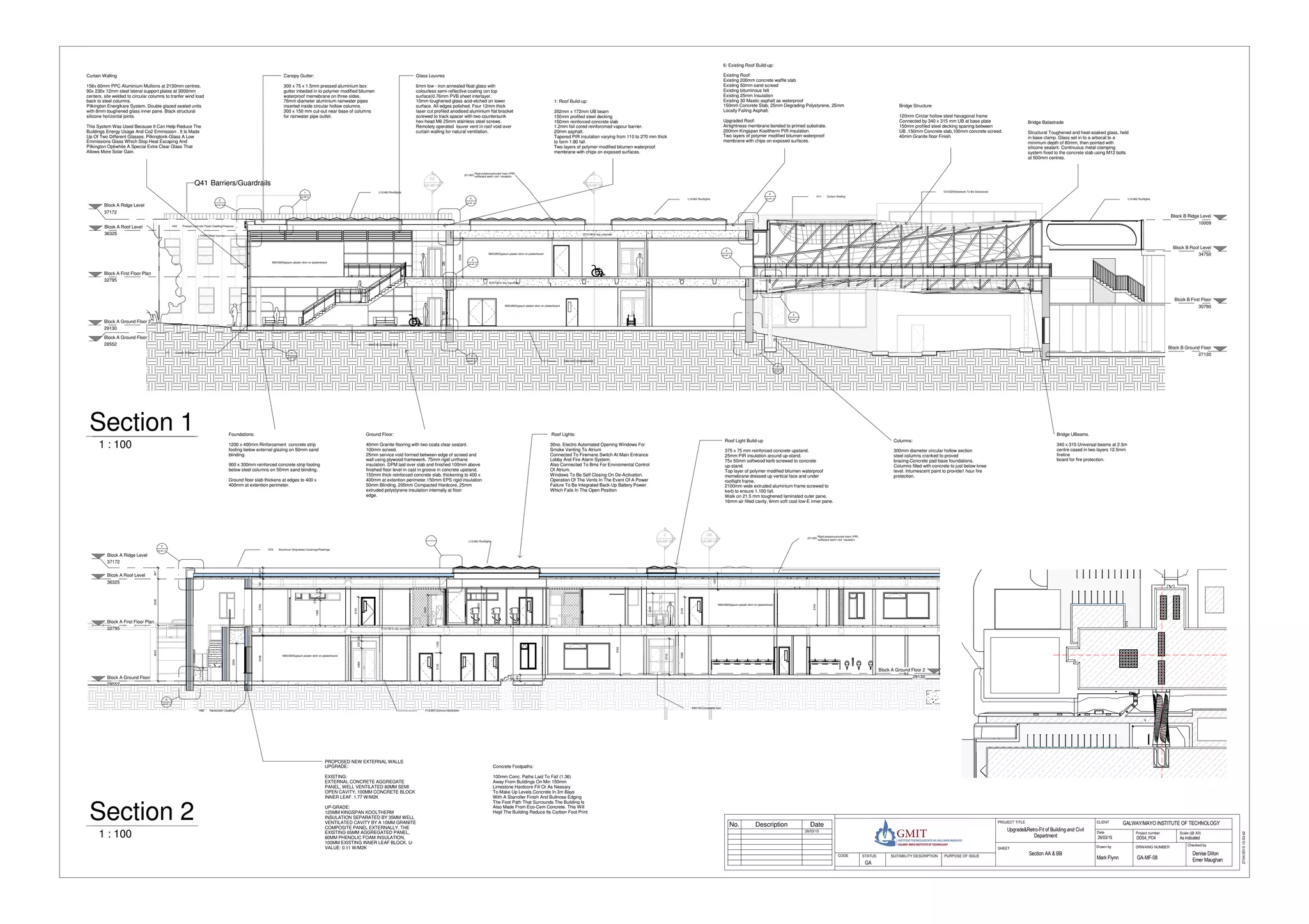 DNDNDNDNDNDNDNDNDN
Block A Ground Floor 2
29130
Block A First Floor Plan
32795
Blcok A Roof Level
36325
Block A Ground Floor
28552
Block A Ridge Level
37172
DD
GA-MF-09
2
GA-MF-08
3765
2
GA-MF-12
3
GA-MF-12
-
---
84735304243
34384174307812749735
2854
21351293
2930
2300
276
572
1900
2145
3805592499
478
2430
21452960
2743
H72 Aluminium Strip/sheet Coverings/Flashings
L10/460 Rooflights
J21/420
Rigid polyisocyanurate foam (PIR)
roofboard warm roof insulation
E60/140 Composite floor
H92 Rainscreen Cladding F10/350 Common blockwork
M20/280Gypsum plaster skim on plasterboard
M20/280Gypsum plaster skim on plasterboard
E10/150 In situ concrete
1255
2749
Block A Ground Floor 2
29130
Block A First Floor Plan
32795
Blcok A Roof Level
36325
Block A Ground Floor
28552
Blcok B First Floor
30790
Block B Ground Floor
27130
Block B Roof Level
34750
Block A Ridge Level
37172
Block B Ridge Level
10009
1
GA-MF-08
CC
GA-MF-09
2930
1
GA-MF-090
2
GA-MF-090
1
GA-MF-10
2
GA-MF-10
4
GA-MF-13
3
GA-MF-12
4
GA-MF-14
4
GA-MF-13
2
GA-MF-12
3
GA-MF-12
L10/460 Rooflights
H11 Curtain Walling
G10/225Steelwork To Be Galvanized
L10/460 Rooflights
E60/140 Composite floor
Q41 Barriers/Guardrails
L10/460 Rooflights
J21/420
Rigid polyisocyanurate foam (PIR)
roofboard warm roof insulation
M20/280Gypsum plaster skim on plasterboard
M20/280Gypsum plaster skim on plasterboard
H72 Aluminium Strip/sheet Coverings/Flashings
E10/150In situ concrete
E10/150 In situ concrete
M20/280Gypsum plaster skim on plasterboard
H42 Precast Concrete Panel Cladding/Features
L10/650 Metal louvres
H11 Curtain Walling
E60/140Composite floor
Scale (@ A3)
Checked byDrawn by
Date Project number
DRWAING NUMBER
CLIENTPROJECT TITLE
SHEET
STATUS PURPOSE OF ISSUECODE SUITABILITY DESCRIPTION
27/04/201513:53:42
As indicatedDDS4_PO4
GALWAY/MAYO INSTITUTE OF TECHNOLOGY
26/03/15
Mark Flynn
Denise Dillon
Emer MaughanGA-MF-08
Section AA & BB
Upgrade&Retro-Fit of Building and Civil
Department
GA
26/03/15
No. Description Date
1 : 100
Section 2
1 : 100
Section 1
UP-GRADE:
125MM KINGSPAN KOOLTHERM
INSULATION SEPARATED BY 35MM WELL
VENTILATED CAVITY BY A 10MM GRANITE
COMPOSITE PANEL EXTERNALLY, THE
EXISTING 65MM AGGREGATED PANEL,
80MM PHENOLIC FOAM INSULATION,
100MM EXISTING INNER LEAF BLOCK. U-
VALUE: 0.11 W/M2K
PROPOSED NEW EXTERNAL WALLS
UPGRADE:
EXISTING:
EXTERNAL CONCRETE AGGREGATE
PANEL, WELL VENTILATED 80MM SEMI
OPEN CAVITY, 100MM CONCRETE BLOCK
INNER LEAF. 1.77 W/M2K
Foundations:
1200 x 400mm Rinforcement concrete strip
footing below external glazing on 50mm sand
blinding.
900 x 300mm reinforced concrete strip footing
below steel columns on 50mm sand blinding.
Ground floor slab thickens at edges to 400 x
400mm at extention perimeter.
Ground Floor:
40mm Granite flooring with two coats clear sealant.
100mm screed.
25mm service void formed between edge of screed and
wall using plywood framework. 75mm rigid urrthane
insulation. DPM laid over slab and finished 100mm above
finished floor level in cast in groove in concrete upstand.
150mm thick reinforced concrete slab, thickening to 400 x
400mm at extention perimeter.150mm EPS rigid insulation
50mm Blinding, 200mm Compacted Hardcore, 25mm
extruded polystyrene insulation internally at floor
edge.
Roof Light Build-up
375 x 75 mm reinforced concrete upstand.
25mm PIR insulation around up-stand.
75x 50mm softwood kerb screwed to concrete
up-stand.
Top layer of polymer modified bitumen waterproof
memebrane dressed up vertical face and under
rooflight frame.
2100mm wide extruded aluminium frame screwed to
kerb to ensure 1.100 fall.
Walk on 21.5 mm toughened laminated outer pane,
16mm air filled cavity, 6mm soft coat low-E inner pane.
Canopy Gutter:
300 x 75 x 1.5mm pressed aluminium box
gutter inbeded in to polymer modified bitumen
waterproof memebrane on three sides.
76mm diameter aluminium rainwater pipes
inserted inside circular hollow columns.
300 x 150 mm cut-out near base of columns
for rainwater pipe outlet.
Glass Louvres
6mm low - iron annealed float glass with
colourless semi-reflective coating (on top
surface)0.76mm PVB sheet interlayer.
10mm toughened glass acid-etched on lower
surface. All edges polished. Four 12mm thick
laser cut profiled anodised aluminium flat bracket
screwed to track spacer with two countersunk
hex-head M6 25mm stainless steel screws.
Remotely operated louver vent in roof void over
curtain walling for natural ventilation.
Roof Lights:
30no. Electro Automated Opening Windows For
Smoke Venting To Atrium
Connected To Firemans Switch At Main Entrance
Lobby And Fire Alarm System.
Also Connected To Bms For Enviromental Control
Of Atrium.
Windows To Be Self Closing On De-Activation.
Operation Of The Vents In The Event Of A Power
Failure To Be Integrated Back-Up Battery Power
Which Fails In The Open Position
Concrete Footpaths:
100mm Conc. Paths Laid To Fall (1.36)
Away From Buildings On Min 150mm
Limestone Hardcore Fill Or As Nessary
To Make Up Levels.Concrete In 3m Bays
With A Starroller Finish And Bullnose Edging
The Foot Path That Surrounds The Building Is
Also Made From Eco-Cem Concrete. This Will
Hepl The Building Reduce Its Carbon Foot Print
Curtain Walling
156x 60mm PPC Aluminium Mullions at 2130mm centres.
90x 230x 12mm steel lateral support plates at 3000mm
centers, site welded to circular columns to tranfer wind load
back to steel columns.
Pilkington Energikare System. Double glazed sealed units
with 8mm toughened glass inner pane. Black structural
silicone horizontal joints.
This System Was Used Because It Can Help Reduce The
Buildings Energy Usage And Co2 Emmission . It Is Made
Up Of Two Different Glasses. Pilkingtonk-Glass A Low
Emmissions Glass Which Stop Heat Escaping And
Pilkington Optiwhite A Special Extra Clear Glass That
Allows More Solar Gain.
Bridge Balastrade
Structural Toughened and heat-soaked glass, held
in base clamp. Glass set in to a arbocal to a
minimum depth of 80mm, then pointed with
silicone sealant. Continuous metal clamping
system fixed to the concrete slab using M12 bolts
at 500mm centres.
Columns:
300mm diameter circular hollow section
steel columns cranked to proved
bracing.Concrete pad-base foundations.
Columns filled with concrete to just below knee
level. Intumescent paint to provide1 hour fire
protection.
Bridge UBeams.
340 x 315 Universal beams at 2.5m
centre cased in two layers 12.5mm
fireline
board for fire protection.
Bridge Structure
120mm Circlar hollow steel hexagonal frame
Connected by 340 x 315 mm UB at base plate
150mm profiled steel decking spaning between
UB ,150mm Concrete slab,100mm concrete screed.
40mm Granite floor Finish
6: Existing Roof Build-up:
Existing Roof:
Existing 200mm concrete waffle slab
Existing 50mm sand screed
Existing bituminous felt
Existing 25mm Insulation
Existing 30 Mastic asphalt as waterproof
150mm Concrete Slab, 25mm Degrading Polystyrene, 25mm
Locally Failing Asphalt.
Upgraded Roof:
Airtightness membrane bonded to primed substrate.
200mm Kingspan Kooltherm PIR insulation.
Two layers of polymer modified bitumen waterproof
membrane with chips on exposed surfaces.
1: Roof Build-up:
352mm x 172mm UB beam
150mm profiled steel decking
150mm reinforced concrete slab
1.2mm foil cored reinforcmed vapour barrier.
20mm asphalt.
Tapered PIR insulation varying from 110 to 270 mm thick
to form 1:80 fall.
Two layers of polymer modified bitumen waterproof
membrane with chips on exposed surfaces.
 