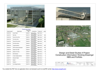 Scale (@ A3)
Checked byDrawn by
Date Project number
DRWAING NUMBER
CLIENTPROJECT TITLE
SHEET
STATUS PURPOSE OF ISSUECODE SUITABILITY DESCRIPTION
30/04/201504:05:10
1 : 1DDS4_PO4
GALWAY/MAYO INSTITUTE OF TECHNOLOGY
28/04/15
Mark Flynn
Denise Dillon
Emer MaughanGA-MF-00
Cover Sheet
Upgrade&Retro-Fit of Building and Civil
Department
GA
28/04/15
No. Description Date
Drawing Issue Sheet
Sheet Number Sheet Name
Sheet Issue
Date Checked By Drawn By scale
GA-MF-00 Cover Sheet 03/26/15 Denise Dillon
Emer Maughan
Mark Flynn
GA-MF-01 Site Plan 03/27/15 Denise Dillon
Emer Maughan
Mark Flynn 200
GA-MF-02 Ground Floor Plan 03/26/15 Denise Dillon
Emer Maughan
Mark Flynn 200
GA-MF-03 First Floor Plan 03/26/15 Denise Dillon
Emer Maughan
Mark Flynn 200
GA-MF-04 Ground Floor Demo 03/26/15 Denise Dillon
Emer Maughan
Mark Flynn 200
GA-MF-05 First Floor Demo 04/26/15 Denise Dillon
Emer Maughan
Mark Flynn
GA-MF-06 Large Elevations 03/26/15 Denise Dillon
Emer Maughan
Mark Flynn 200
GA-MF-07 North Entrance Elevations 03/26/15 Denise Dillon
Emer Maughan
Mark Flynn 200
GA-MF-08 Section AA & BB 03/26/15 Denise Dillon
Emer Maughan
Mark Flynn 50
GA-MF-09 Section CC & DD 03/26/15 Denise Dillon
Emer Maughan
Mark Flynn 50
GA-MF-10 Roof Sections 03/26/15 Denise Dillon
Emer Maughan
Mark Flynn 5
GA-MF-11 Curtain walling Sections 03/26/15 Denise Dillon
Emer Maughan
Mark Flynn 5
GA-MF-12 Elevator Details 03/26/15 Denise Dillon
Emer Maughan
Mark Flynn 5
GA-MF-13 Detail 1 03/26/15 Denise Dillon
Emer Maughan
Mark Flynn 5
GA-MF-14 Details 2 03/27/15 Denise Dillon
Emer Maughan
Mark Flynn 5
GA-MF-15 Link Bridge Sections 03/27/15 Denise Dillon
Emer Maughan
Mark Flynn 10
Design and Detail Studies 4 Project:
Construction Information/ Working Drawings/
NBS and Portfolio
You created this PDF from an application that is not licensed to print to novaPDF printer (http://www.novapdf.com)
 