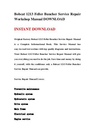 Bobcat 1213 Feller Buncher Service Repair
Workshop Manual DOWNLOAD
INSTANT DOWNLOAD
Original Factory Bobcat 1213 Feller Buncher Service Repair Manual
is a Complete Informational Book. This Service Manual has
easy-to-read text sections with top quality diagrams and instructions.
Trust Bobcat 1213 Feller Buncher Service Repair Manual will give
you everything you need to do the job. Save time and money by doing
it yourself, with the confidence only a Bobcat 1213 Feller Buncher
Service Repair Manual can provide.
Service Repair Manual Covers:
Preventive maintenance
Hydraulic system
Hydrostatic system
Drive system
Main frame
Electrical system
Engine service
 
