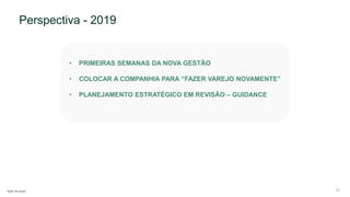 • PRIMEIRAS SEMANAS DA NOVA GESTÃO
• COLOCAR A COMPANHIA PARA “FAZER VAREJO NOVAMENTE”
• PLANEJAMENTO ESTRATÉGICO EM REVISÃO – GUIDANCE
Fonte: Via Varejo
Perspectiva - 2019
15
 