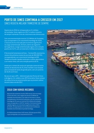 EDIÇÃO Nº71
8
PORTO DE SINES CONTINUA A CRESCER EM 2017
SINES REGISTA MELHOR TRIMESTRE DE SEMPRE
Depois de em 2016 ter ultrapassado os 51 milhões
de toneladas, Sines regista em 2017 o melhor trimestre
de sempre mantendo a rota de crescimento dos últimos anos.
Com uma movimentação total de 13,5 Milhões de Toneladas,
que correspondem a um crescimento homólogo de 19,6%,
o início do ano fica marcado pelo incremento significativo
na carga contentorizada. De facto, dentro do segmento
da Carga Geral, a carga contentorizada regista uma variação
positiva de 53,7%, com um total de 6,3 milhões de toneladas.
O Terminal de Contentores de Sines – Terminal XXI, movimentou
nestes três primeiros meses do ano mais de 494.000 TEU,
correspondendo a um crescimento homólogo de 60%.
TambémosGranéisLíquidoscontinuamacrescer,peseembora
a um menor ritmo, com uma variação positiva de 5%.
Ainda que o número de navios em operação comercial tenha
sofrido um decréscimo de 2%, Sines mantém a sua vocação
para a receção de navios de grande porte, com um aumento
de 10,3% no GT total.
No ano em que a APS – Administração dos Portos de Sines
e do Algarve, S.A. celebra o seu 40º Aniversário, Sines começa
da melhor forma as comemorações que se preveem realizar
durante todo o ano de 2017.
COORDENADAS12
2016 COM VÁRIOS RECORDS
Após anos de sucessivos records, 2016 marcou uma nova etapa
no Porto de Sines, com o registo de mais de 51 Milhões de
toneladas movimentadas e com todos os terminais a crescer,
nomeadamente o Terminal de Contentores, com um crescimento
homólogo de 25%, para um total de 20,6 milhões de toneladas,
o que correspondeu a 1,5M TEU. Também o Terminal de Granéis
Líquidos registou um crescimento significativo face a 2015,
de 15,6%, correspondendo a um incremento de 3 milhões de
toneladas movimentadas em período homólogo.
Em 2016 escalaram Sines 2.422 navios, 235 mais que em 2015,
o que corresponde a um crescimento de 10,7%.
 