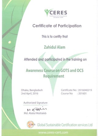 Awareness Course no GOTS and OCS Requirment training Certificat