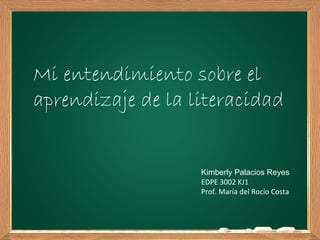 Mi entendimiento sobre el
aprendizaje de la literacidad


                   Kimberly Palacios Reyes
                   EDPE 3002 KJ1
                   Prof. María del Rocío Costa
 