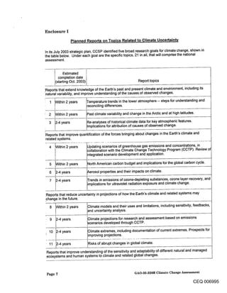 Enclosure I

                      Planned Reports on Topics Related to Climate Uncertainty

In its July 2003 strategic plan, CCSP identified five broad research goals for climate change, shown in
the table below. Under each goal are the specific topics, 21 in all, that will comprise the national
assessment.


      I Estimated I
        completion date
      (starting Oct. 2003)                                      Report topics

’Reports that extend knowledge of the Earth’s past and present climate and environment, including its
’,natural variability, and improve understanding of the causes of observed changes.

  1 ithin 2 years             Temperature trends in the lower atmosphere -- steps for understanding and
                              reconciling differences.
      [

  2 ~/Vithin 2 years          Past climate variability and change in the Arctic and at high latitudes.

  3 2-4 years                 Re-analyses of historical climate data for key atmospheric features.
                              Implications for attribution of causes of observed change.

!Reports that improve quantification of the forces bringing about changes in the Earth’s climate and
’related systems.
  4 Within 2 years --~l~l~ing scenarios of greenhouse gas emissions and concentrations, in
                       lcollaboration with the Climate Change Technology Program (CCTP). Review o|
                              l
                         integrated scenario development and application.

  5 Within 2 years            North American carbon budget and implications for the global carbon cycle.

  6 2-4 years                 ~erosol properties and their impacts on climate.
  7       2-4 years           ~rends in emissions of ozone-depleting substances, ozone layer recovery, and
                              limplications for ultraviolet radiation exposure and climate change,
IReports that reduce uncertainty in projections of how the Earth’s climate and related systems may
~change in the future.
  8       ~Vithin 2 years     Climate models and their uses and limitations, including sensitivity, feedbacks,
                              land uncertainty analysis.
’9        2-4 years           Climate projections for research and assessment based on emissions
                              scenar os developed through CCTP.
  10 2-4 years                Climate extremes, including documentation of current extremes. Prospects for
                              limproving projectionsI
  11 2-4 years                Risks of abrupt changes in global climate.

’Reports that improve understanding of the sensitivity and adaptability of different natural and managed
,ecosystems and human systems to climate and related global changes.


Page 7                                                       GAO-05-338R Climate Change Assessment

                                                                                                     CEQ 006995
 