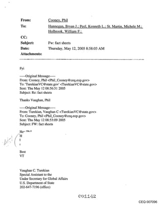 ~rom:               Cooneg, Phil
To:                 Hannegan, Bryan J.; Peel, Kenneth L.; St. Martin, Michele M.;
                    Holbrook, William F.;
CC:
Subject:            Fw: fact sheets
Date:               Thursday, May 12, 2005 8:58:03 AM
Attachments:


Fyi

..... Original Message .....
From: Cooney, Phil <Phil_Cooney @ ceq.eop.gov>
To: ’TurekianVC@state.gov’ <TurekianVC@state.gov>
Sent: Thu May 12 08:56:51 2005
Subject: Re: fact sheets

Thanks Vaughan, Phil

...... Original Message .....
From: Turekian, Vaughan C <TurekianVC@state.gov>
To: Cooney, Phil <Phil_Cooney@ceq.eop.gov>
Sent: Thu May 12 08:53:09 2005
Subject: FW: fact sheets




Best




Vaughan C. Turekian
Special Assistant to the
Under Secretary for Global Affairs
U.S. Department of State
202-647-7196 (office)


                                                                             CEQ 007096
 