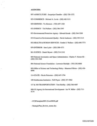 AGENCIES:

007-AGRICULTURE - Jacquelyn Chandler- (202) 720-1272

025-COMMERCE - Michael A. Levitt - (202) 482-3151

029-DEFENSE - Vic Bemson - (703) 697-1305

032-ENERGY - Ted Pulliam - (202) 586-3397

033-Environmental Protection Agency - Edward Krenik - (202) 564-5200

019-Council on Environmental Quality - David Anderson - (202) 395-3113

052-HEALTH & HUMAN SERVICES - Sondra S. Wallace - (202) 690-7773

059-INTERIOR - Jane Lyder - (202) 208-4371

061-JUSTICE- Daniel Bryant - (202) 514-2141

069-National Aeronautics and Space Administration - Charles T. Homer KI -
(202) 358-1948

084-National Science Foundation - Lawrence Rudolph - (703) 292-8060

095-Office of Science and Technology Policy - Maureen O’Brien - (202) 456-
6098

114-STATE - Nicole Petrosino - (202) 647-1794

109-Smithsonian Institution - Nell Payne - (202) 357-2962

117 & 340-TRANSPORTATION - Tom Herlihy - (202) 366-4687

008-US Agency for International Development - Jan W. Miller- (202) 712-
4174



- CCSPstratplan2003-2 loct2002b.pdf

- StrategicPlan_Review_memo.doc




                                                                  CEQ 007228
 