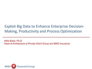 Attila Barta, Ph.D.
Head of Architecture at Private Client Group and BMO Insurance
Exploit Big Data to Enhance Enterprise Decision-
Making, Productivity and Process Optimization
 