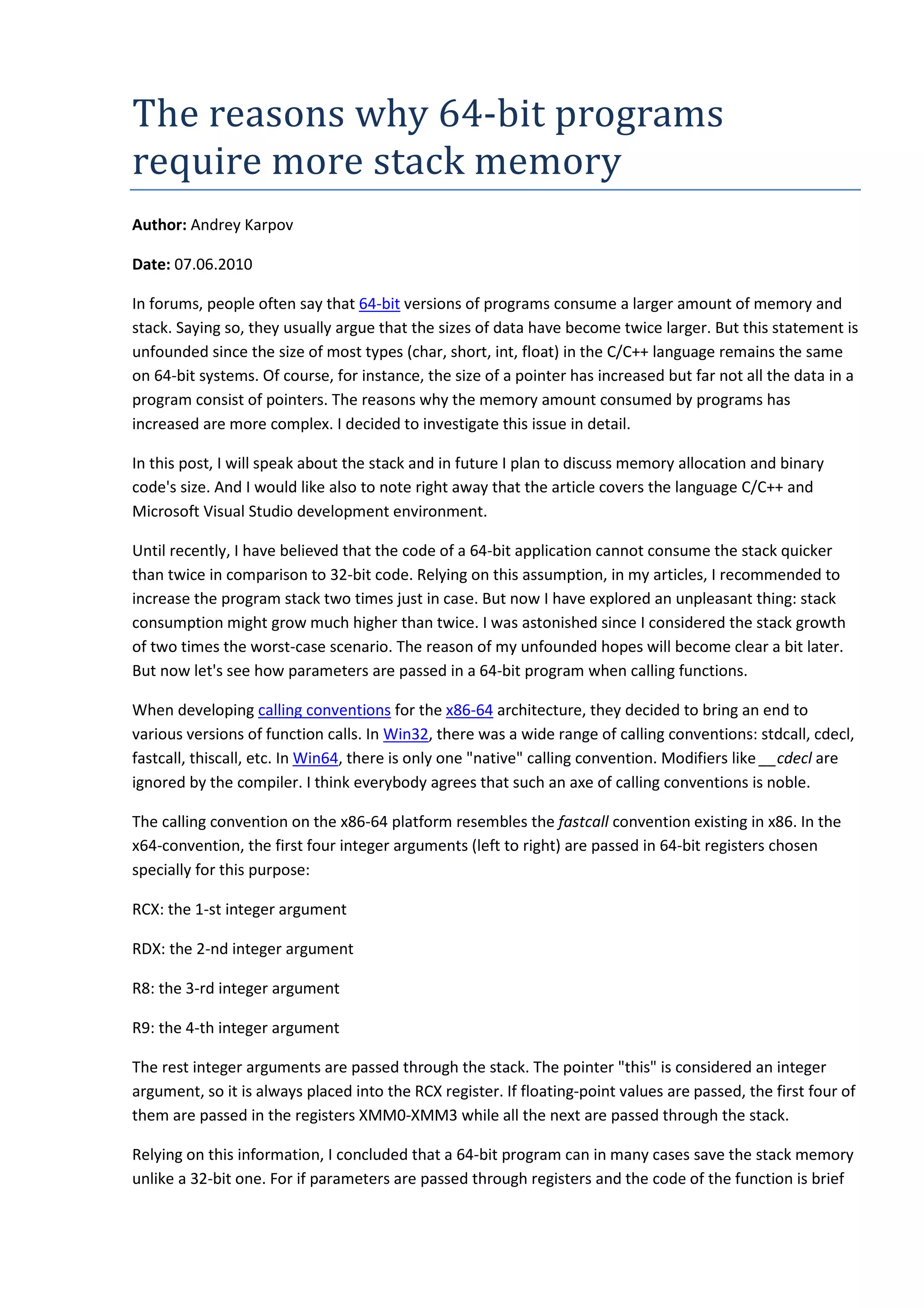 The reasons why 64-bit programs require more stack memory | PDF