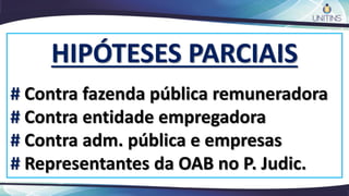 HIPÓTESES PARCIAIS
# Contra fazenda pública remuneradora
# Contra entidade empregadora
# Contra adm. pública e empresas
# Representantes da OAB no P. Judic.
 