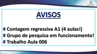 AVISOS
# Contagem regressiva A1 (4 aulas!)
# Grupo de pesquisa em funcionamento!
# Trabalho Aula 006
 