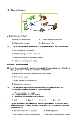 18.- Observa la imagen : 
¿ Qué indican las flechas ? 
A.- Quién se come a quién. B.- El orden de los consumidores 
C.- El paso de la energía. D.- Quién come más. 
19.- ¿ Cuál de las siguientes alternativas es correcta en relación a los productores ? 
A.- Son organismos heterótrofos. 
B.- Obtienen energía de otros seres vivos. 
C.- desintegran restos de animales y plantas. 
D.- Obtienen energía a partir del Sol. 
III.- REDES ALIMENTARIAS 
20.- Si un derrame de petróleo contamina una población de erizos y una población de 
algas. ¿ Qué consecuencias puede tener este hecho ? 
A.- Pueden morir las aves que se alimentan de los erizos. 
B.- Solo mueren erizos. 
C.- El ser humano no se ve afectado. 
D.- Las algas se extinguen. 
21.- ¿ Cuál (es ) de las siguientes afirmaciones es incorrecta en relación a la 
introducción de especies exóticas a un ecosistema ? 
I.- Pueden provocar una plaga. 
II.- Compiten con las especies nativas. 
III .- Mejoran el equilibrio de los ecosistemas. 
A.- Solo I B.- Solo II C.- I y II D.- I y III 
22.- Algunas actividades del ser humano afectan negativamente el equilibrio de las 
redes alimentarias. ¿ Qué actividades humanas no producen efectos negativos 
en estas redes ? 
A.- La sobreexplotación de recursos. B.- Las fumigaciones. 
C.- La introducción de especies exóticas. D.- La protección de especies nativas. 
 