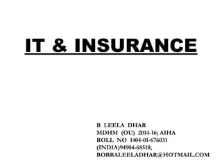 IT & INSURANCE
B LEELA DHAR
MDHM (OU) 2014-16; AIHA
ROLL NO 1404-01-676031
(INDIA)94904-68518;
BOBBALEELADHAR@HOTMAIL.COM
 