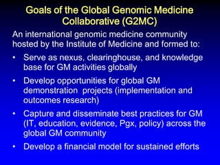 Goals of the Global Genomic Medicine Collaborative (G2MC) 
An international genomic medicine community hosted by the Institute of Medicine and formed to: 
•Serve as nexus, clearinghouse, and knowledge base for GM activities globally 
•Develop opportunities for global GM demonstration projects (implementation and outcomes research) 
•Capture and disseminate best practices for GM (IT, education, evidence, Pgx, policy) across the global GM community 
•Develop a financial model for sustained efforts  