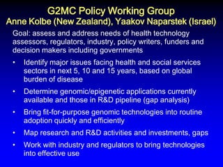 G2MC Policy Working Group Anne Kolbe (New Zealand), Yaakov Naparstek (Israel) 
Goal: assess and address needs of health technology assessors, regulators, industry, policy writers, funders and decision makers including governments 
•Identify major issues facing health and social services sectors in next 5, 10 and 15 years, based on global burden of disease 
•Determine genomic/epigenetic applications currently available and those in R&D pipeline (gap analysis) 
•Bring fit-for-purpose genomic technologies into routine adoption quickly and efficiently 
•Map research and R&D activities and investments, gaps 
•Work with industry and regulators to bring technologies into effective use  