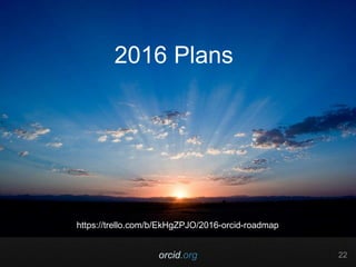 orcid.org 22
2016 Plans
https://trello.com/b/EkHgZPJO/2016-orcid-roadmap
 