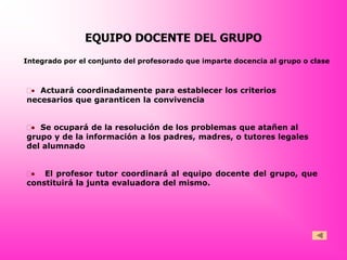 EQUIPO DOCENTE DEL GRUPO
Integrado por el conjunto del profesorado que imparte docencia al grupo o clase



 Actuará coordinadamente para establecer los criterios
 
necesarios que garanticen la convivencia


 Se ocupará de la resolución de los problemas que atañen al
 
grupo y de la información a los padres, madres, o tutores legales
del alumnado


 El profesor tutor coordinará al equipo docente del grupo, que
 
constituirá la junta evaluadora del mismo.
 